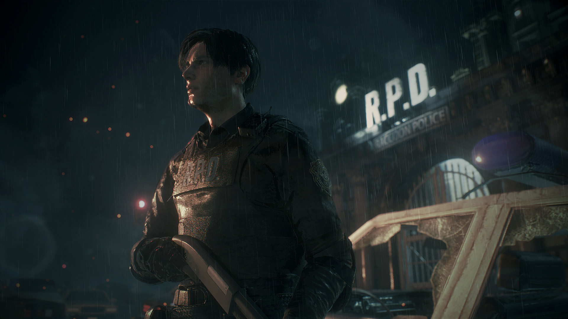 Leon stands outside the Raccoon City Police Department.