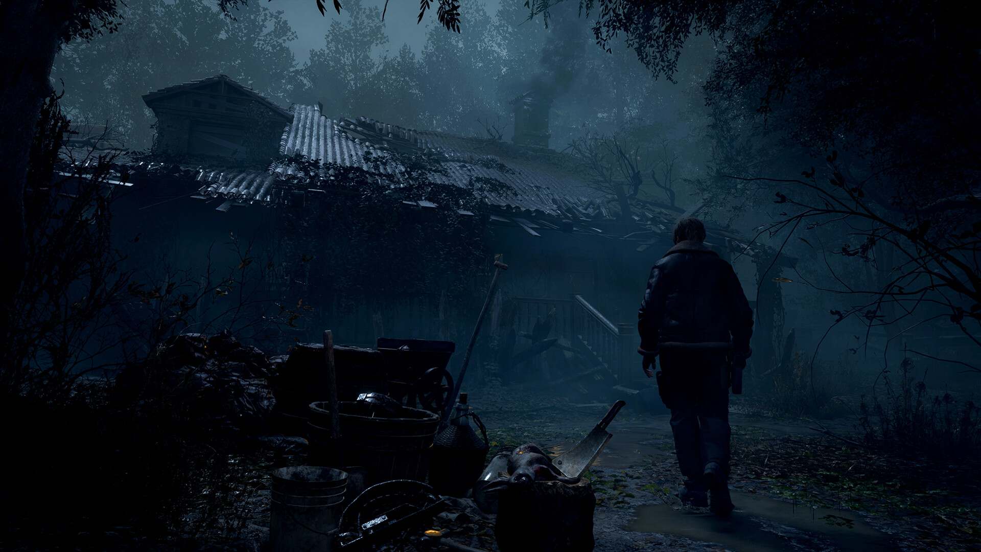 Leon approaches a weathered building in the forest.