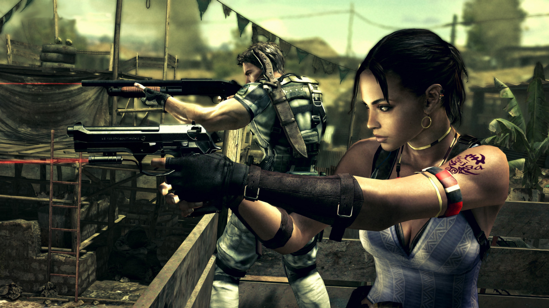 Chris and Sheva aim their firearms from an elevated position.