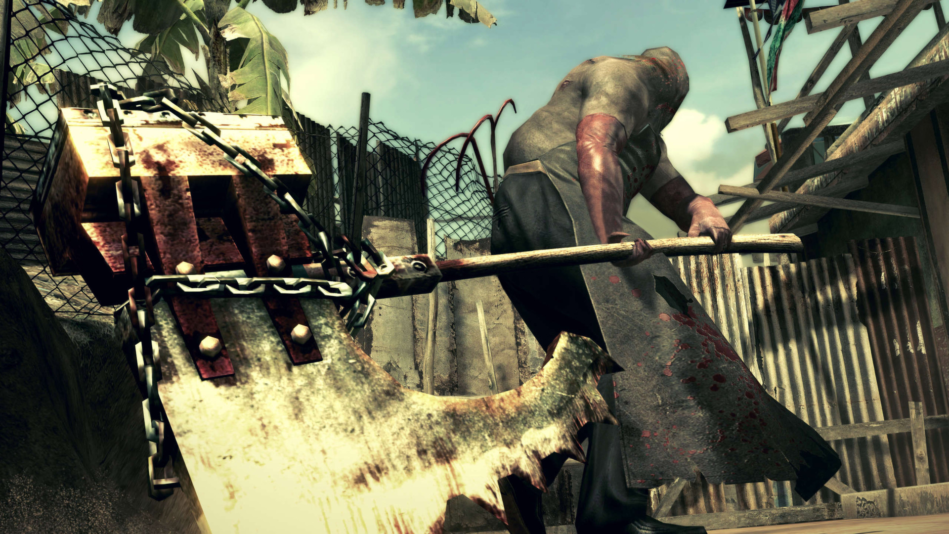 An infected attacker swings a heavy axe near the agents.