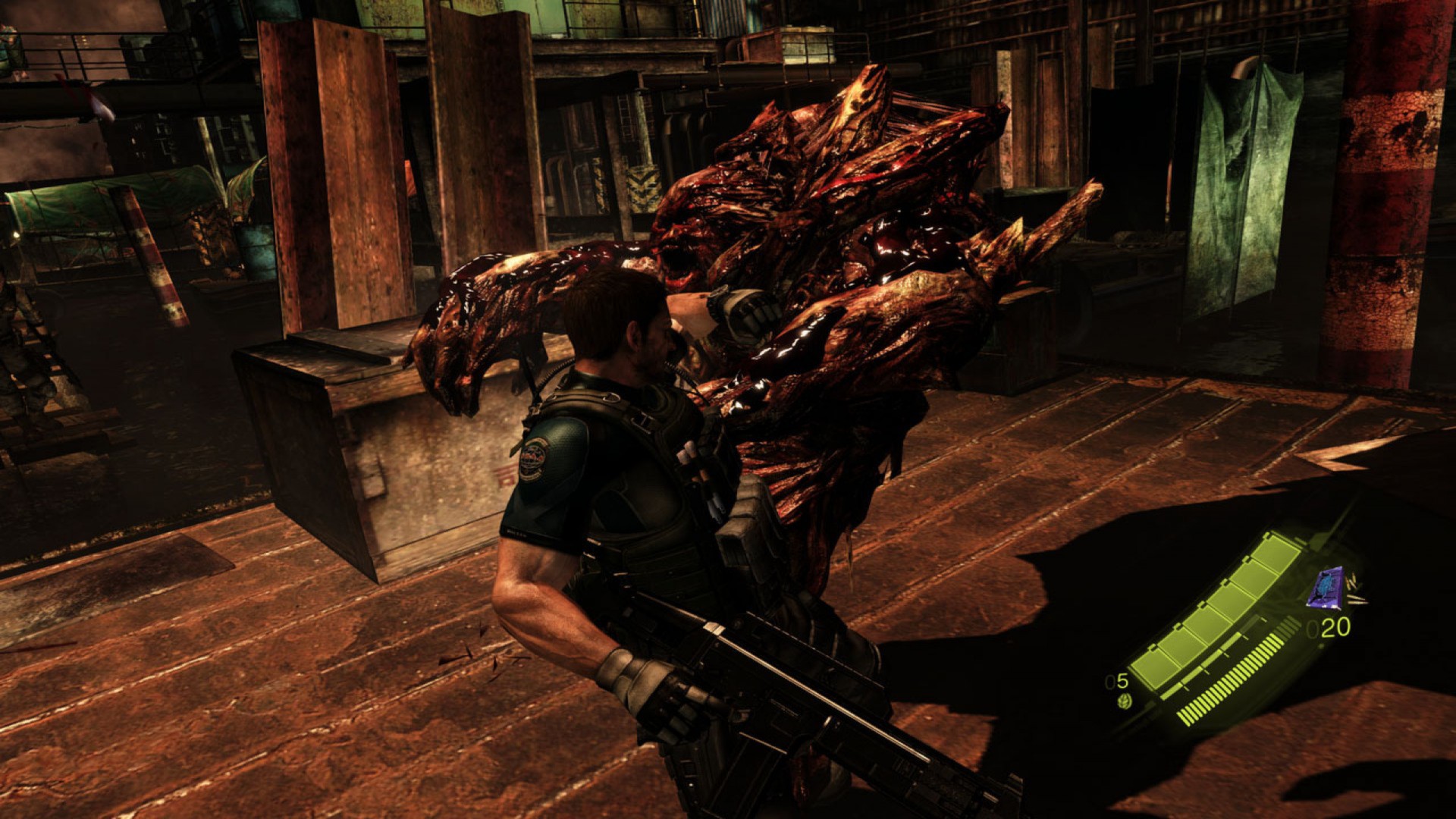 A fighter confronts a large infected creature at close range.