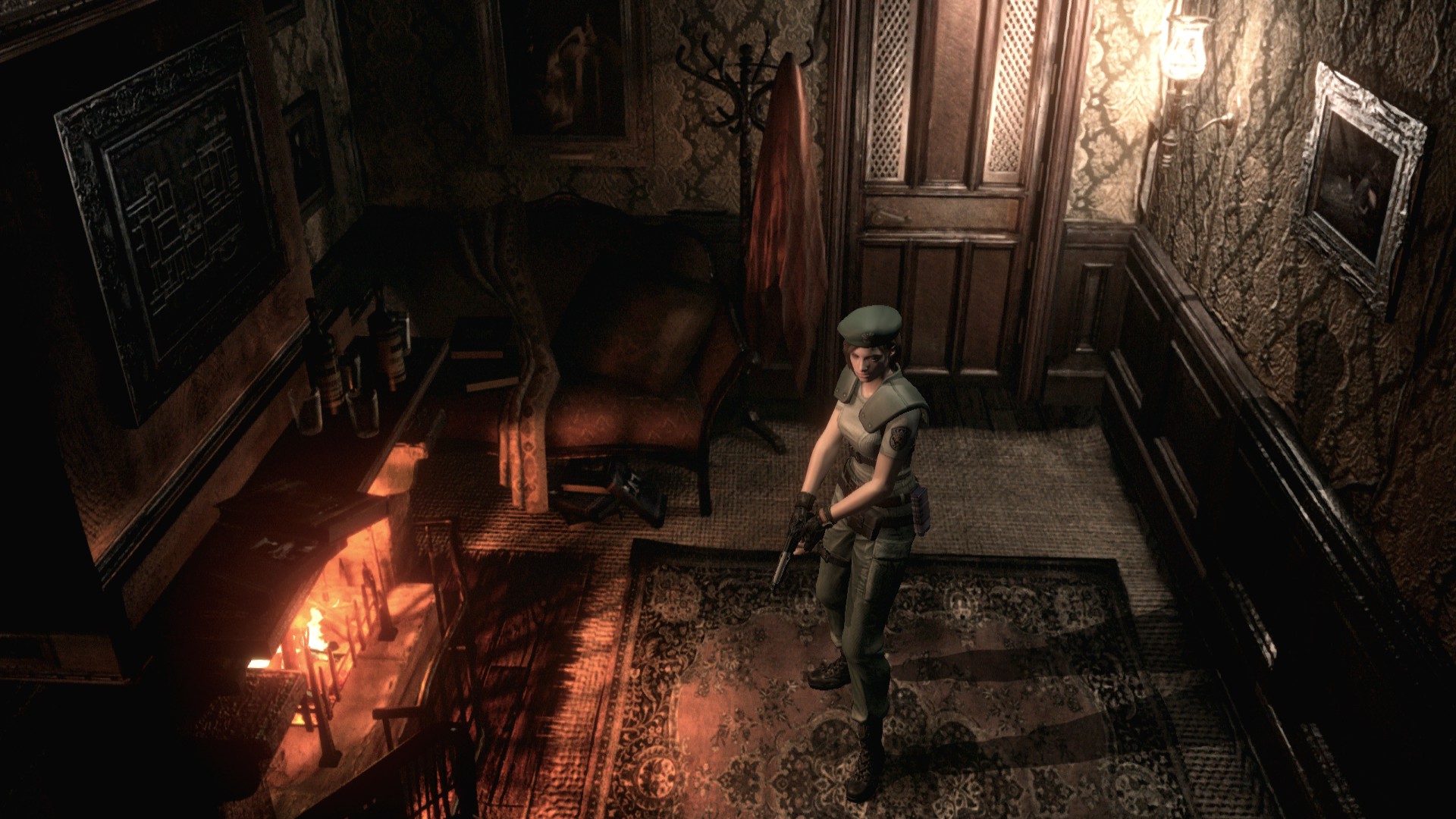 Jill Valentine explores a dim room in the Spencer Mansion.