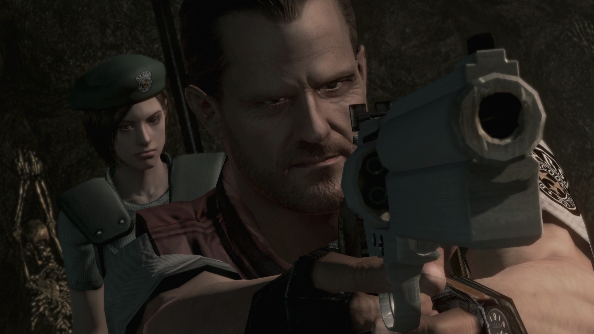 Chris Redfield aims his pistol with Jill nearby.