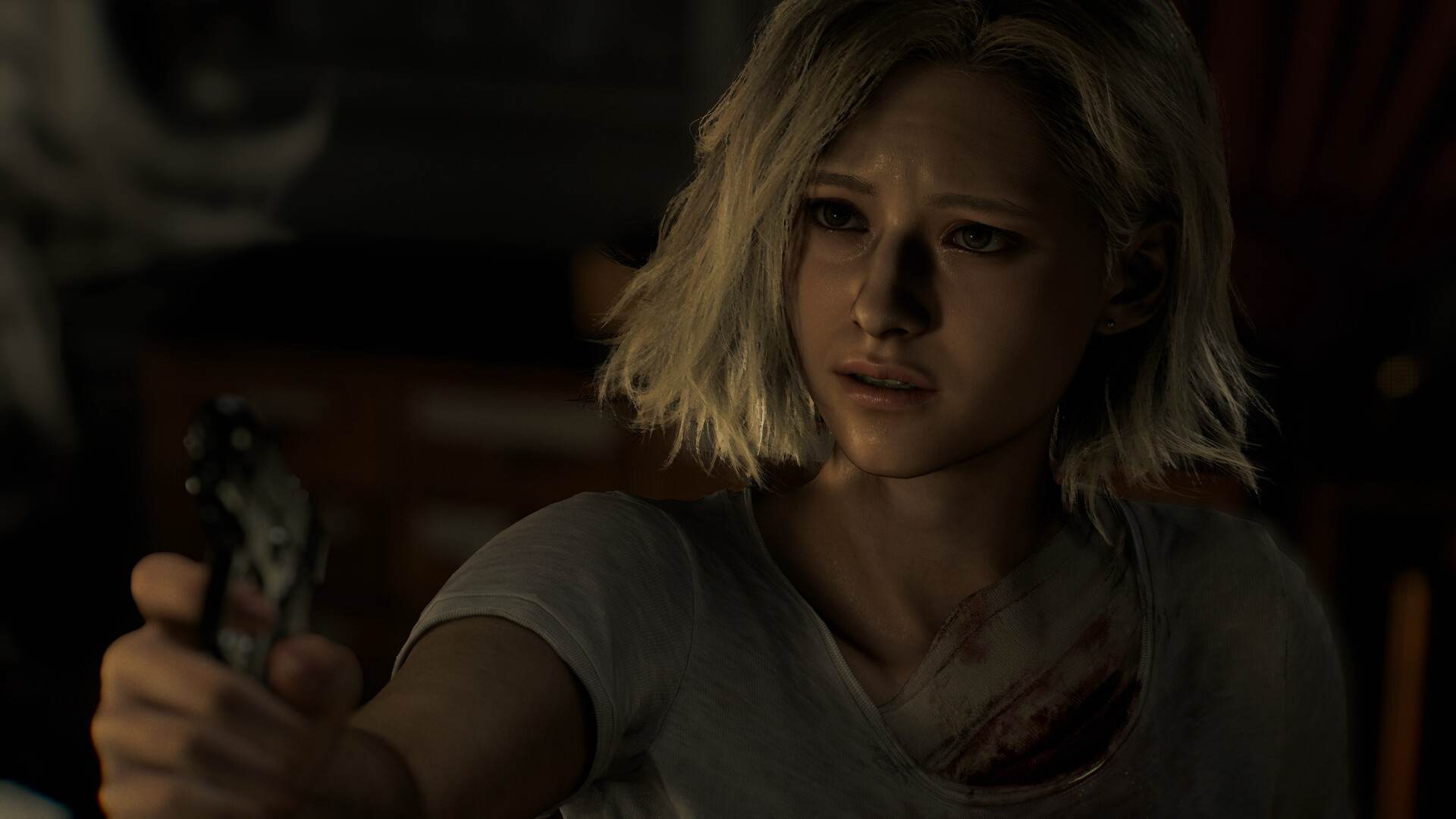 Grace aims a handgun inside a dark room.