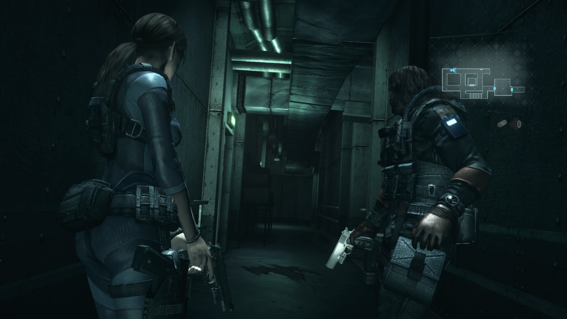 Jill and another investigator move through a ship corridor.