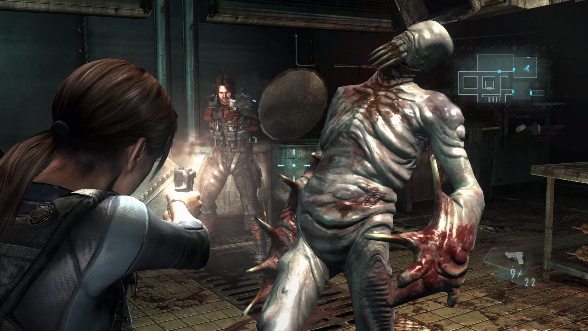 Jill fires at a mutated enemy in a dim room.