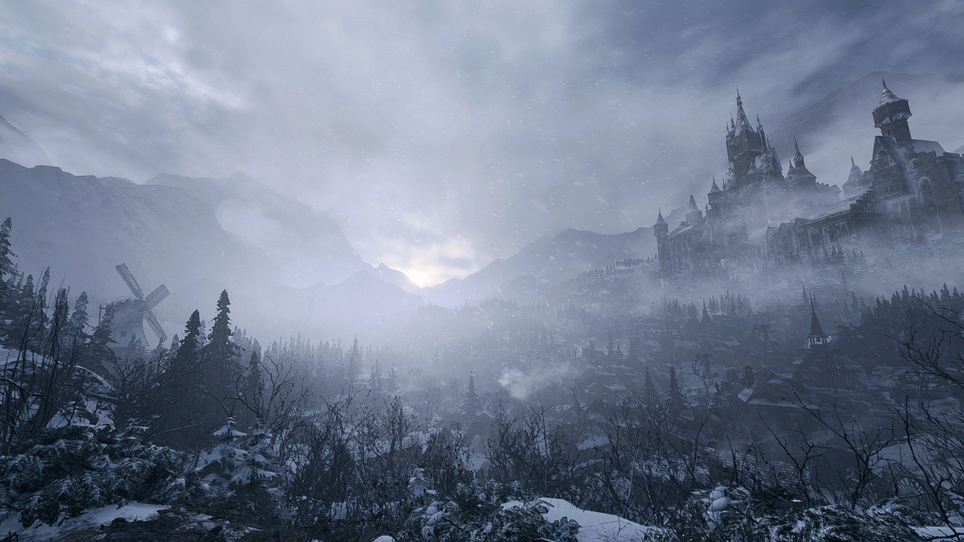 A castle rises over a snowy village valley.