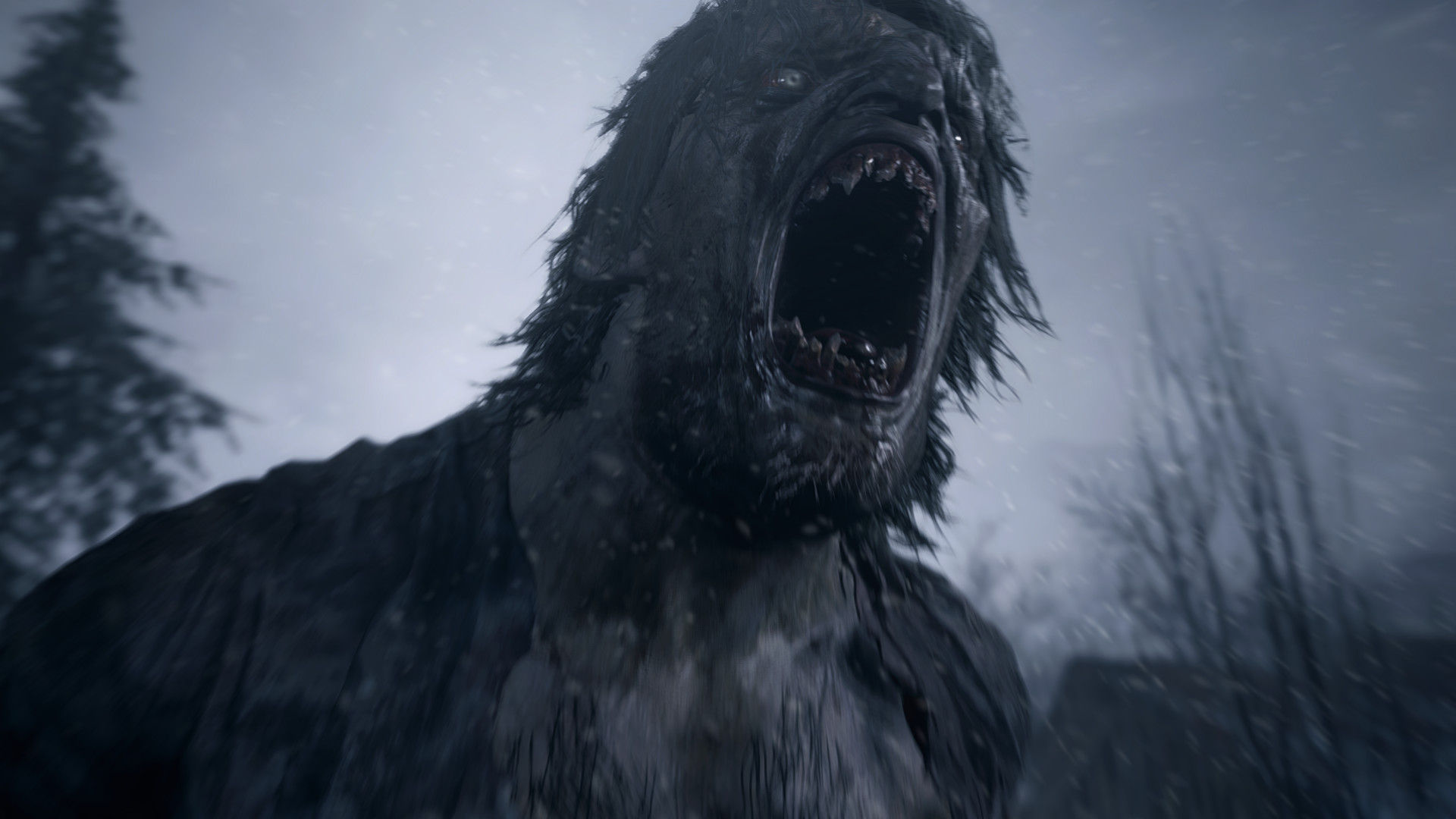 A towering creature roars in the winter woods.