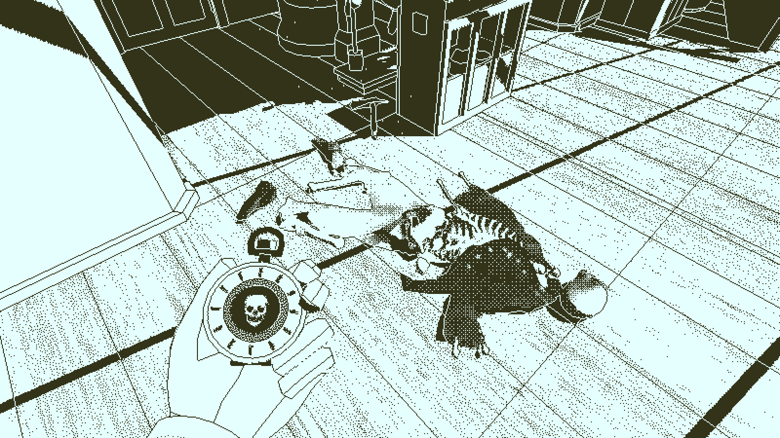 The investigator holds a pocket watch near a body on the ship.
