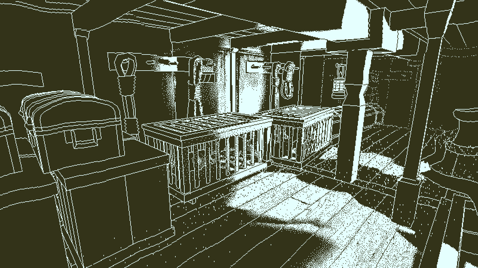 A monochrome view shows a cabin and its furnishings aboard the Obra Dinn.