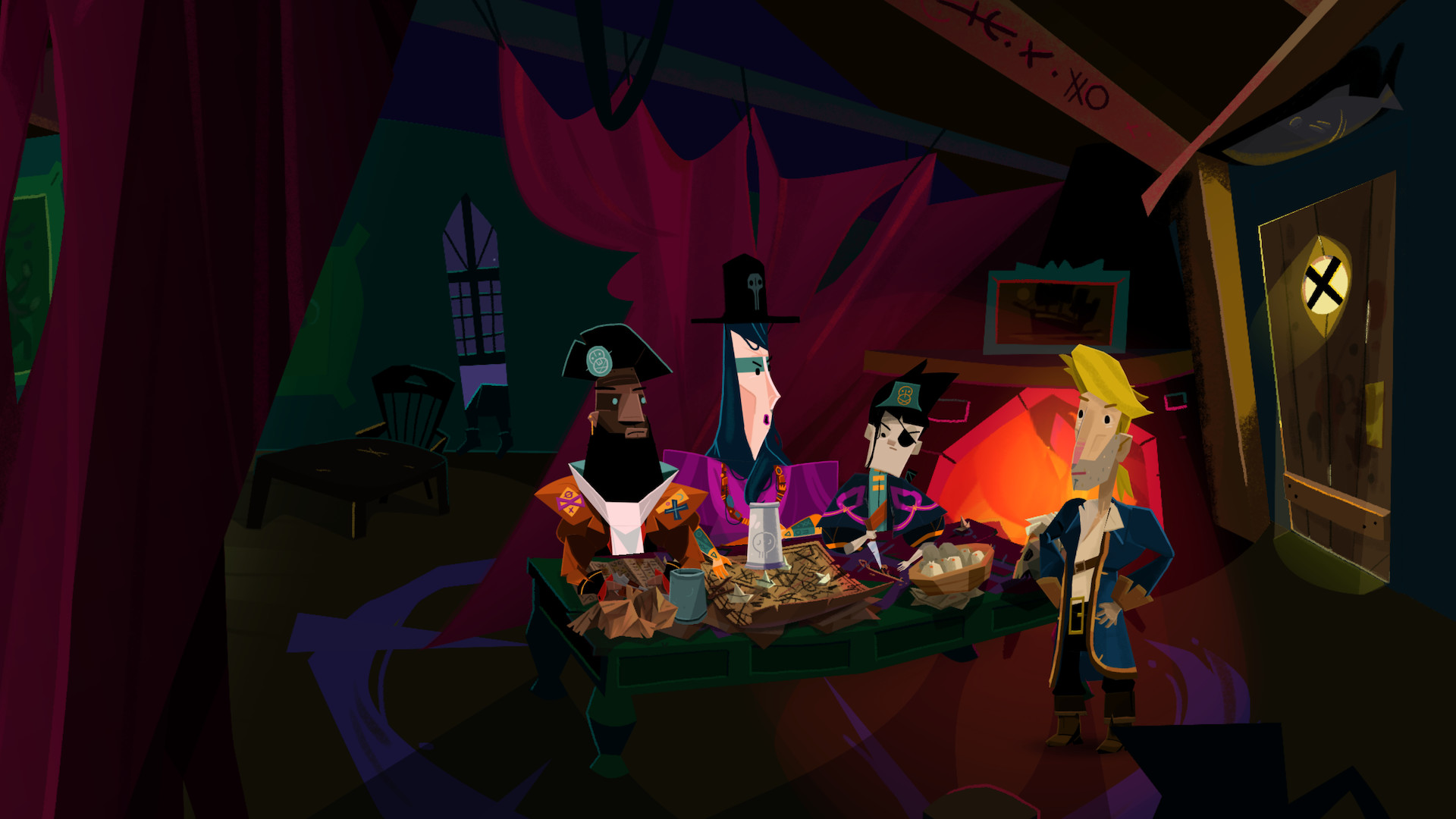 Guybrush stands beside three pirates at a table covered with maps.