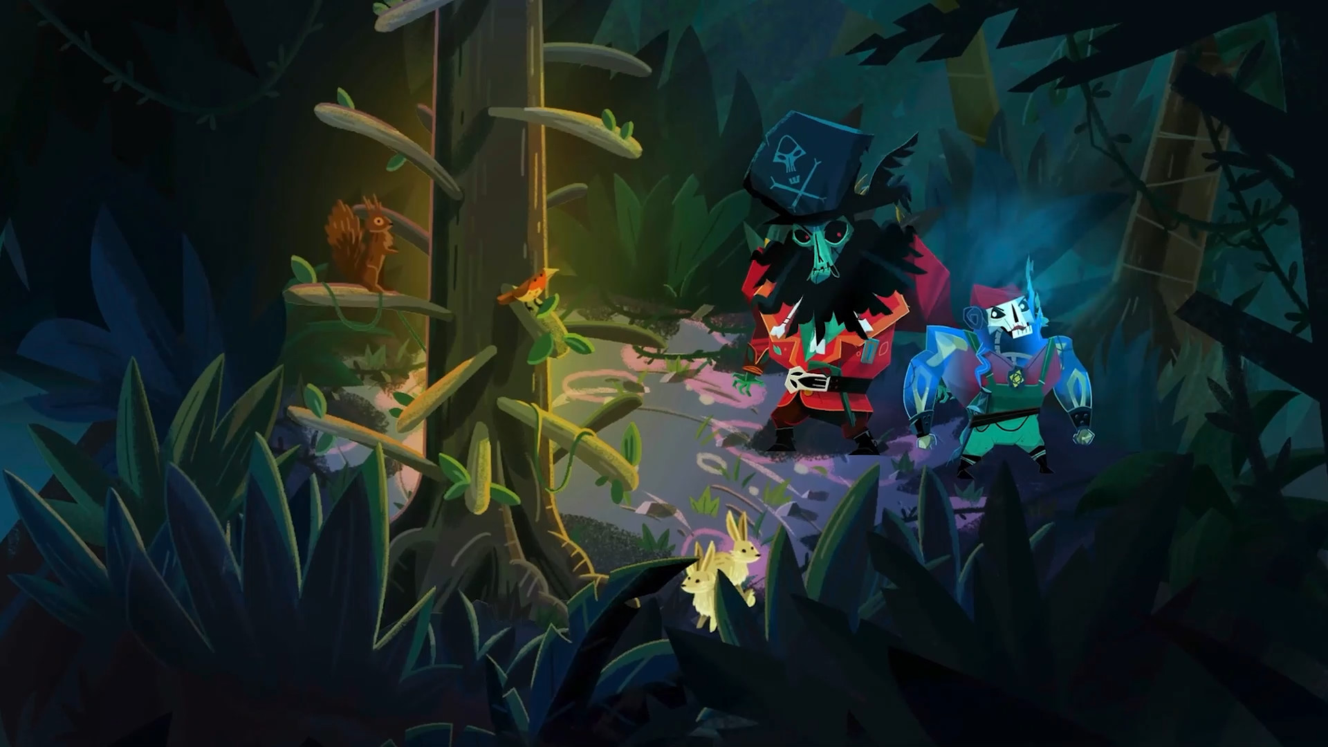 Two pirate figures stand among trees and foliage.