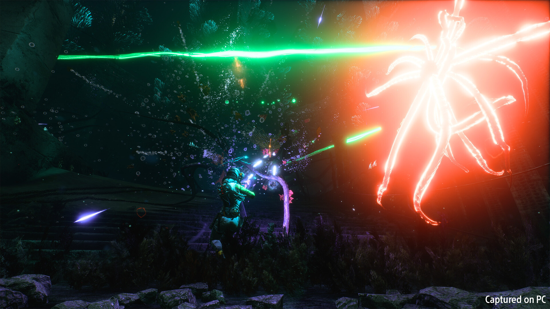 Selene exchanges fire with a creature on Atropos.