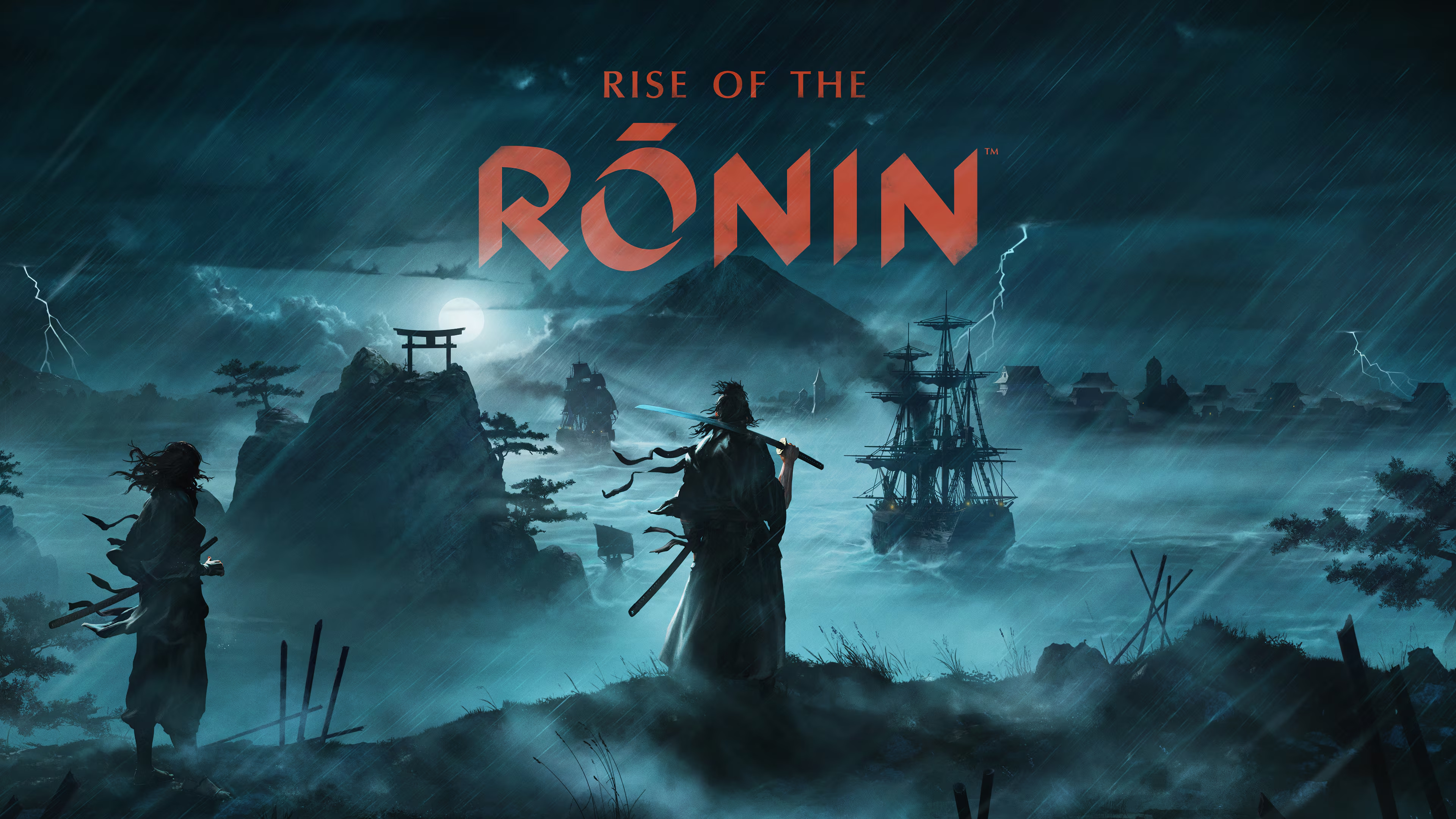 Two ronin overlook ships and a coastal town beneath the Rise of the Ronin logo.