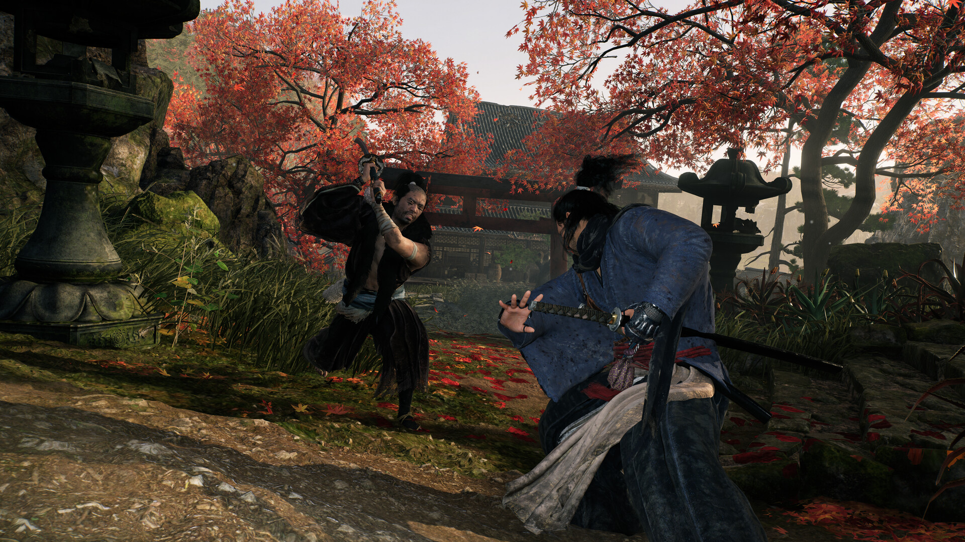 A ronin faces an armed opponent beneath red autumn trees.