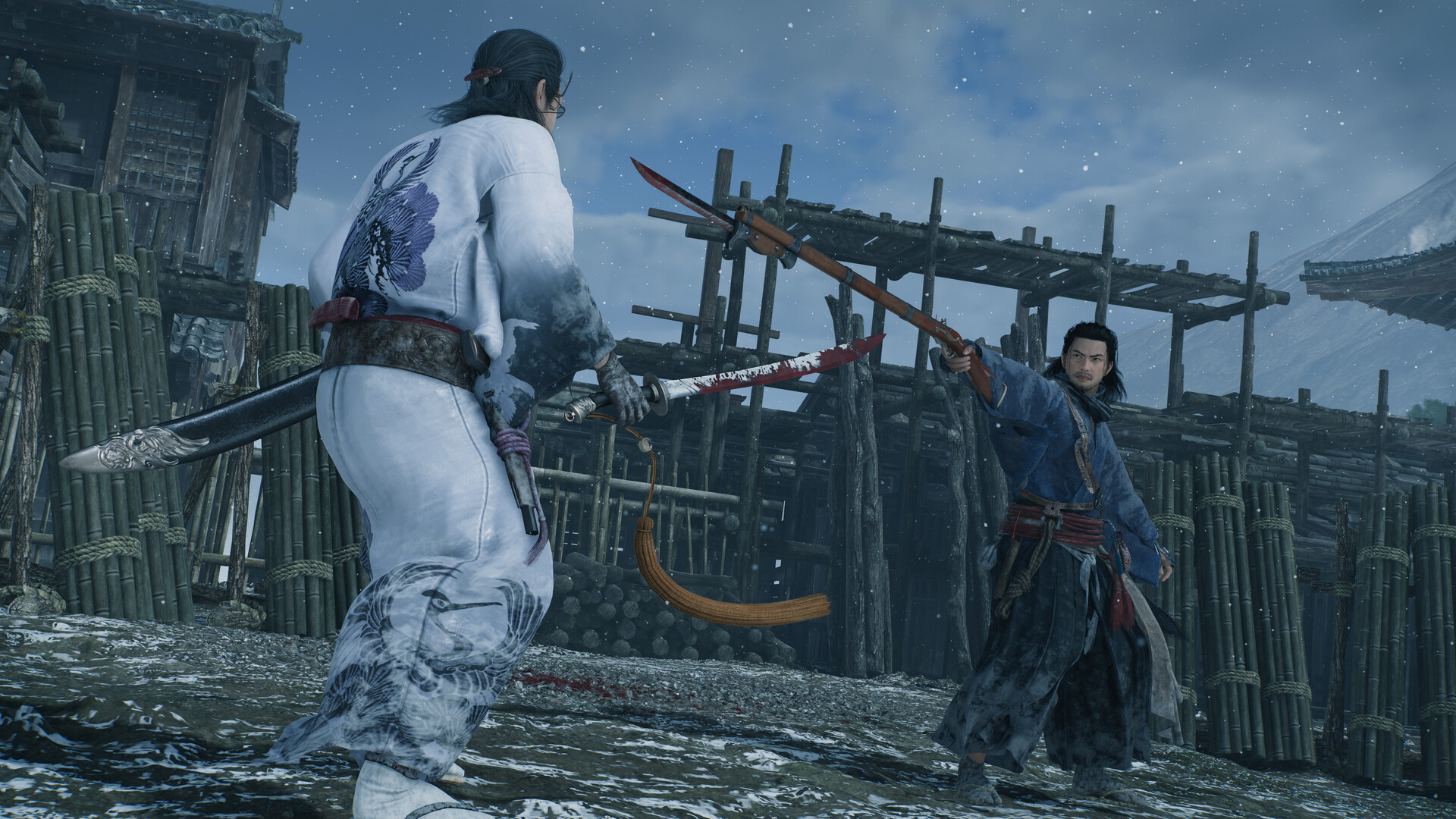 Two swordsmen confront each other in a snowy town street.
