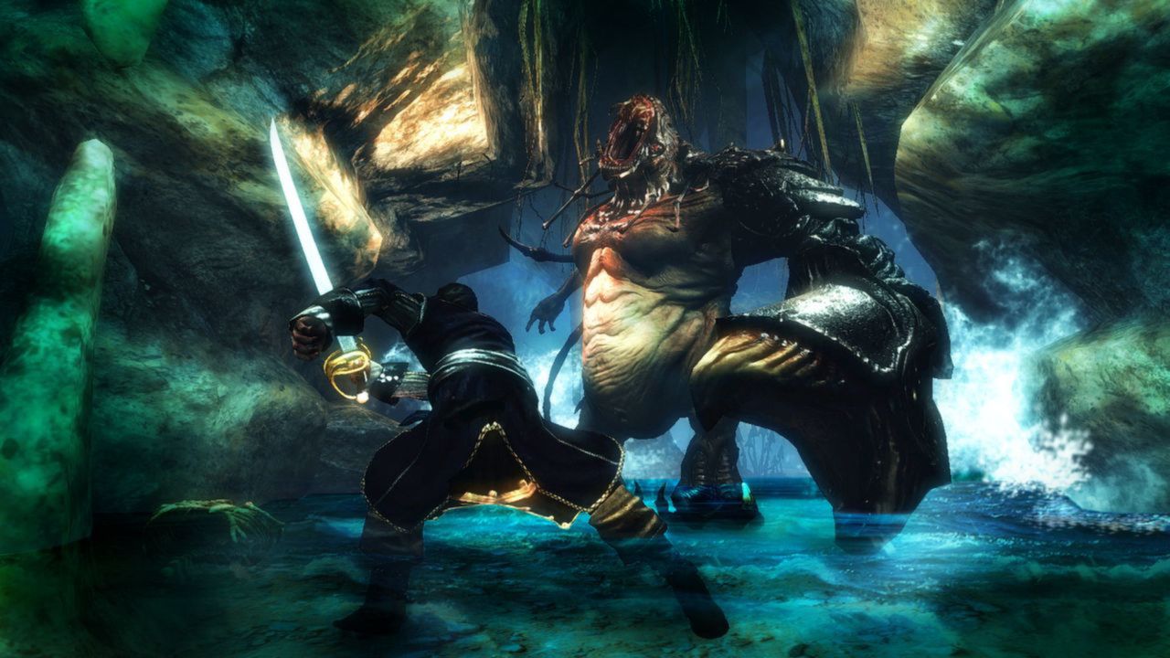 A fighter faces a large creature inside a cavern.