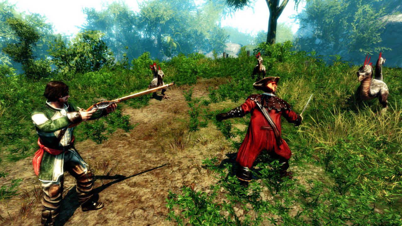 Armed pirates confront each other on a sunlit island.