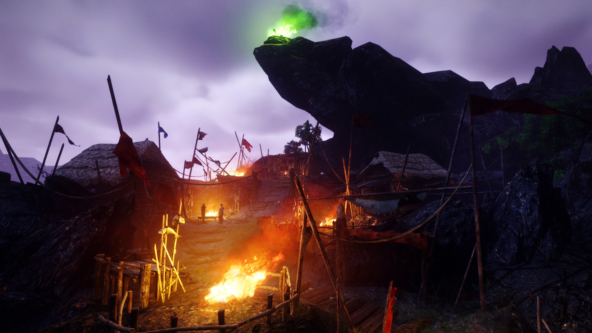 An island camp glows beneath a darkening sky.