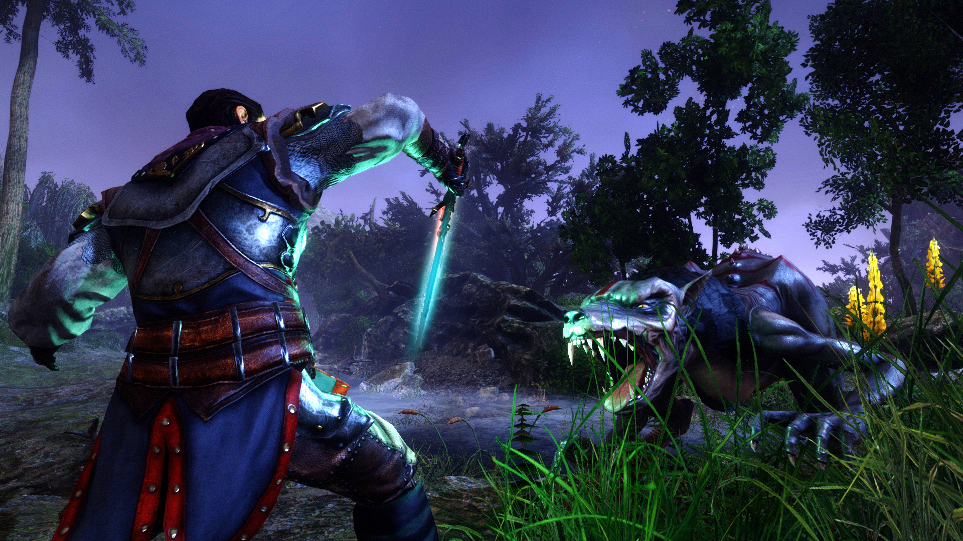 An adventurer uses magic against a creature in the forest.