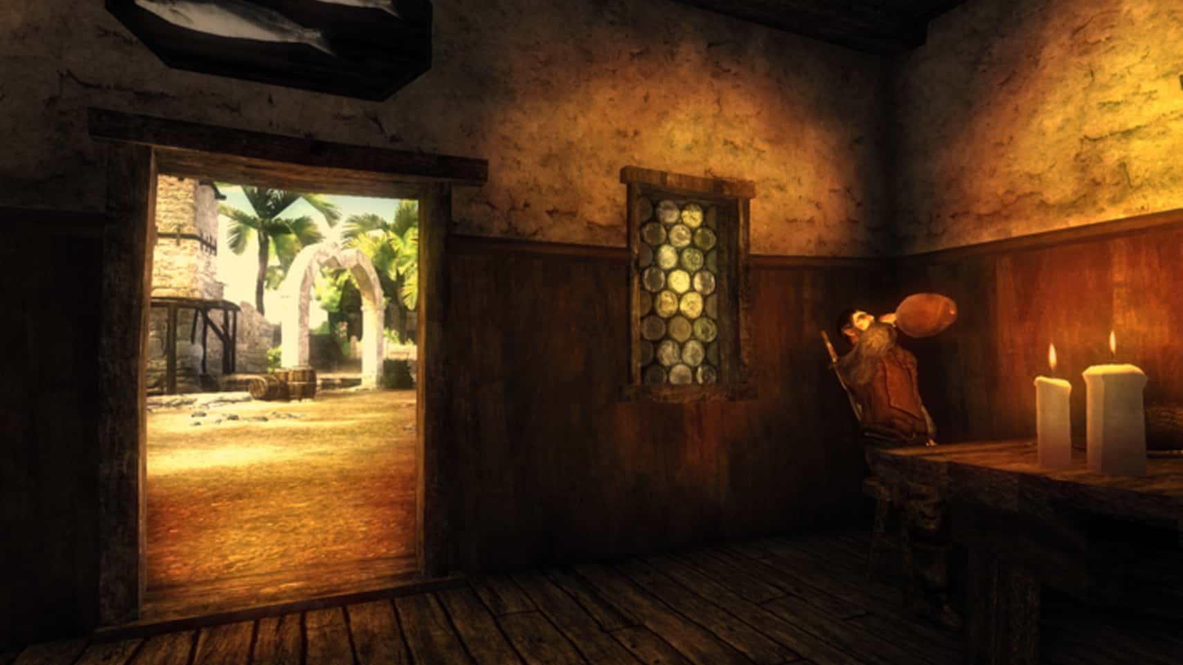 A warmly lit room opens toward an island settlement.
