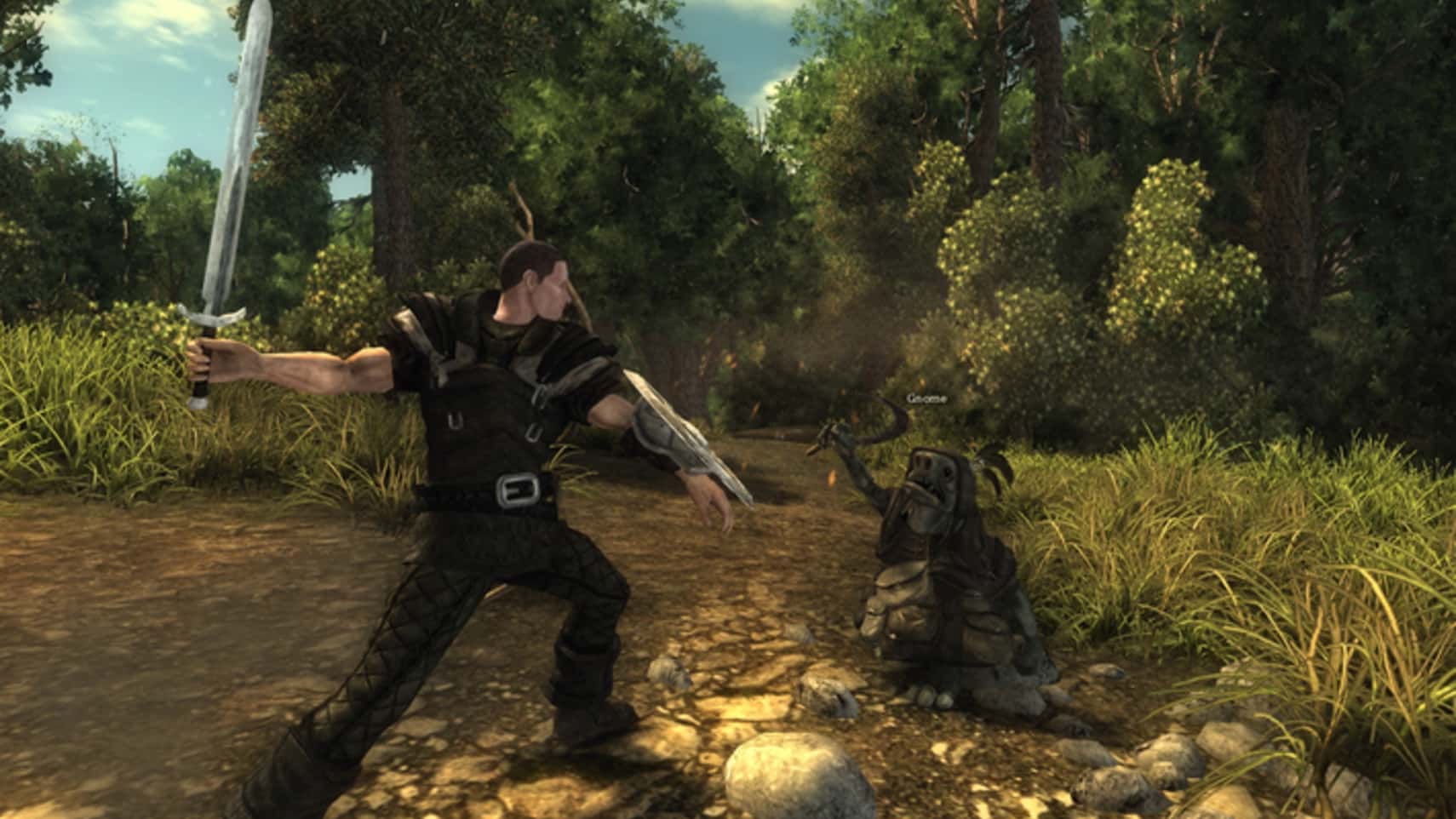 An adventurer fights a creature on a wooded path.