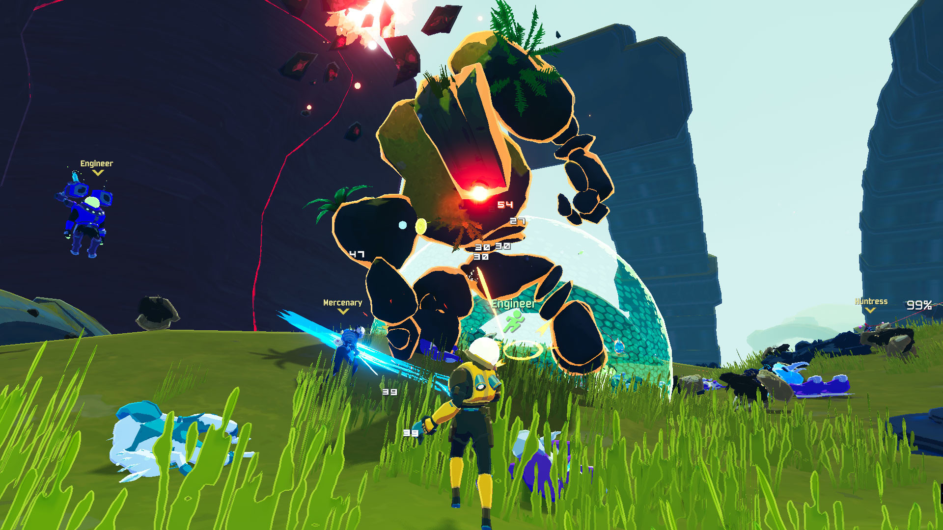 Survivors fight a large enemy in a grassy open area.