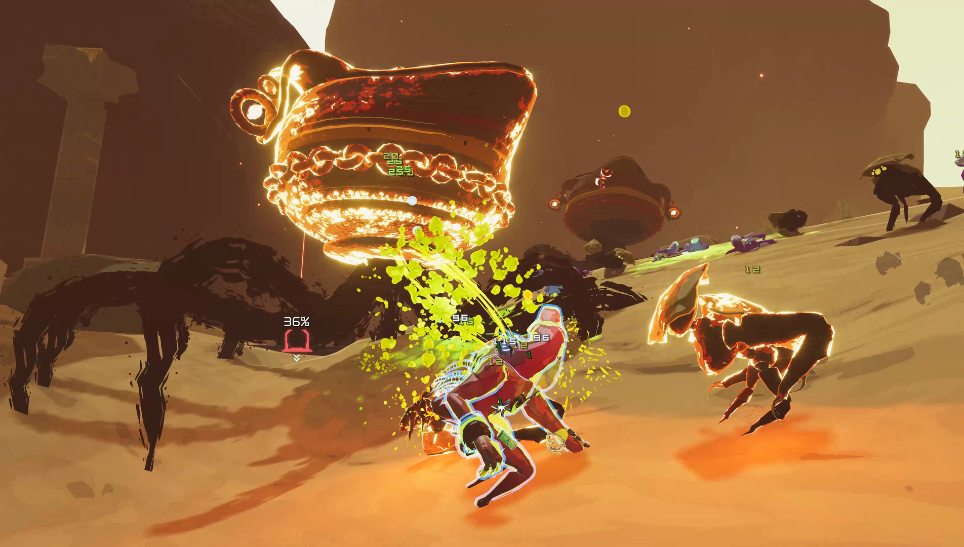 A survivor attacks creatures around a glowing airborne foe.