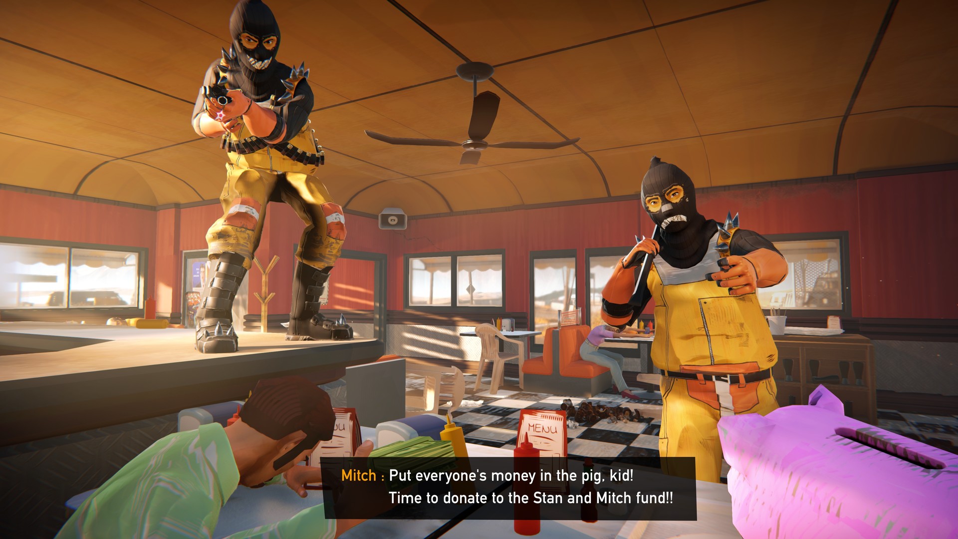 Masked robbers confront a diner patron.