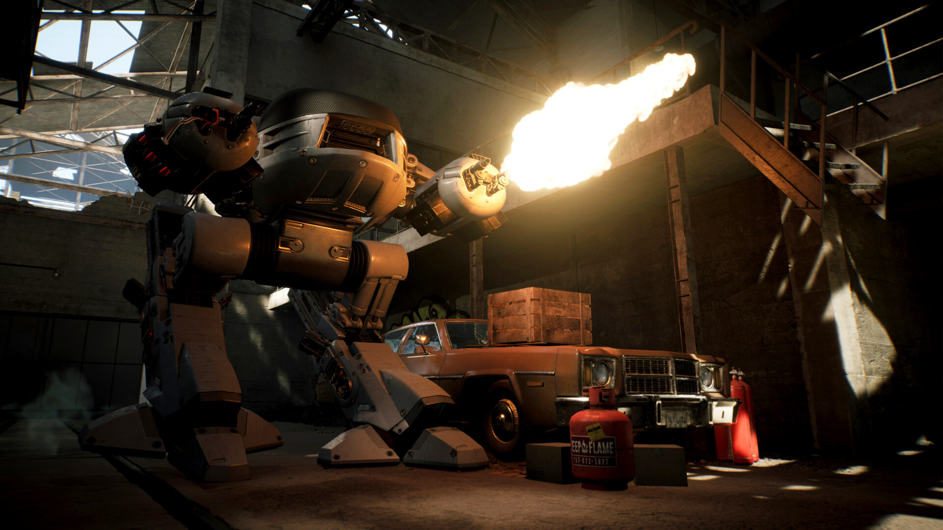RoboCop fires a weapon inside a warehouse.