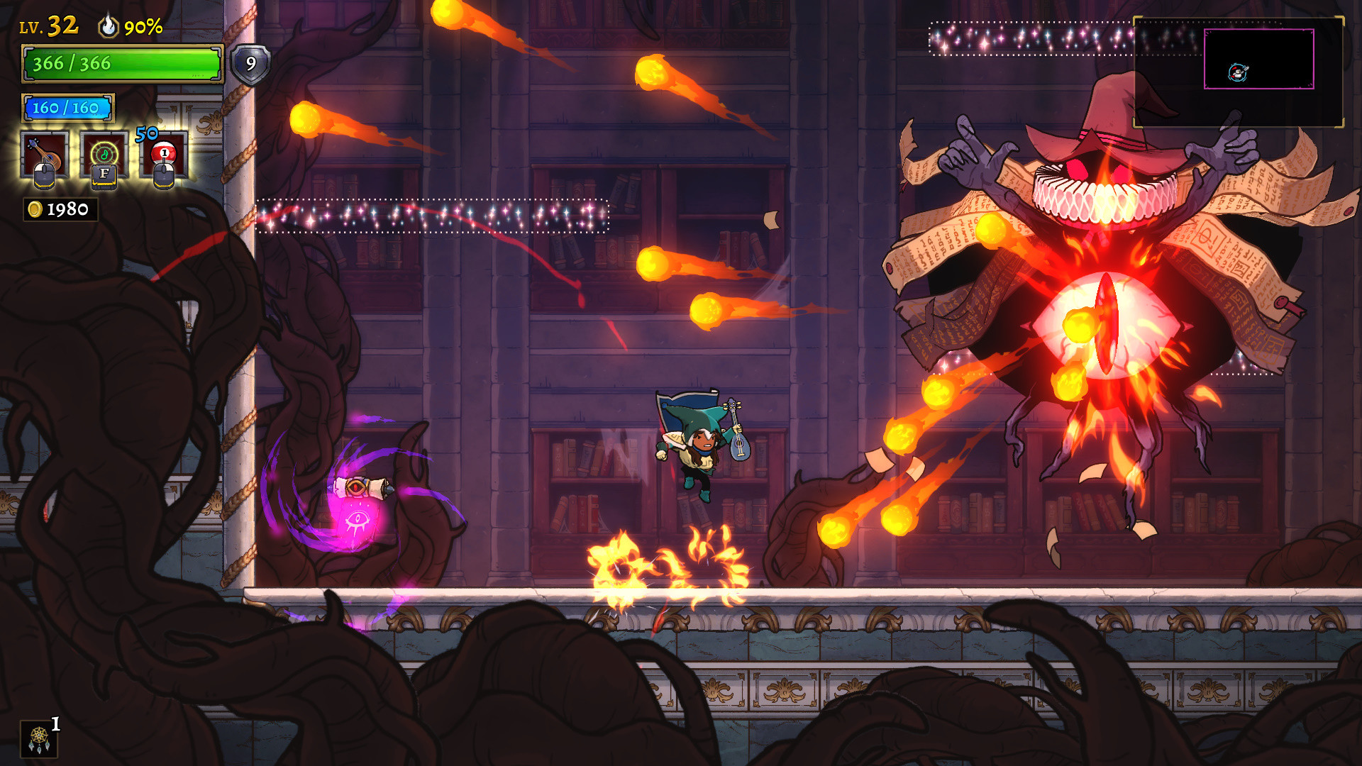 An heir fights a spellcasting enemy inside a castle chamber.