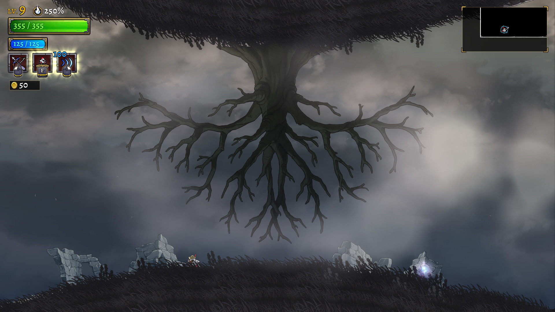 A small figure stands beneath a huge leafless tree in a misty region.