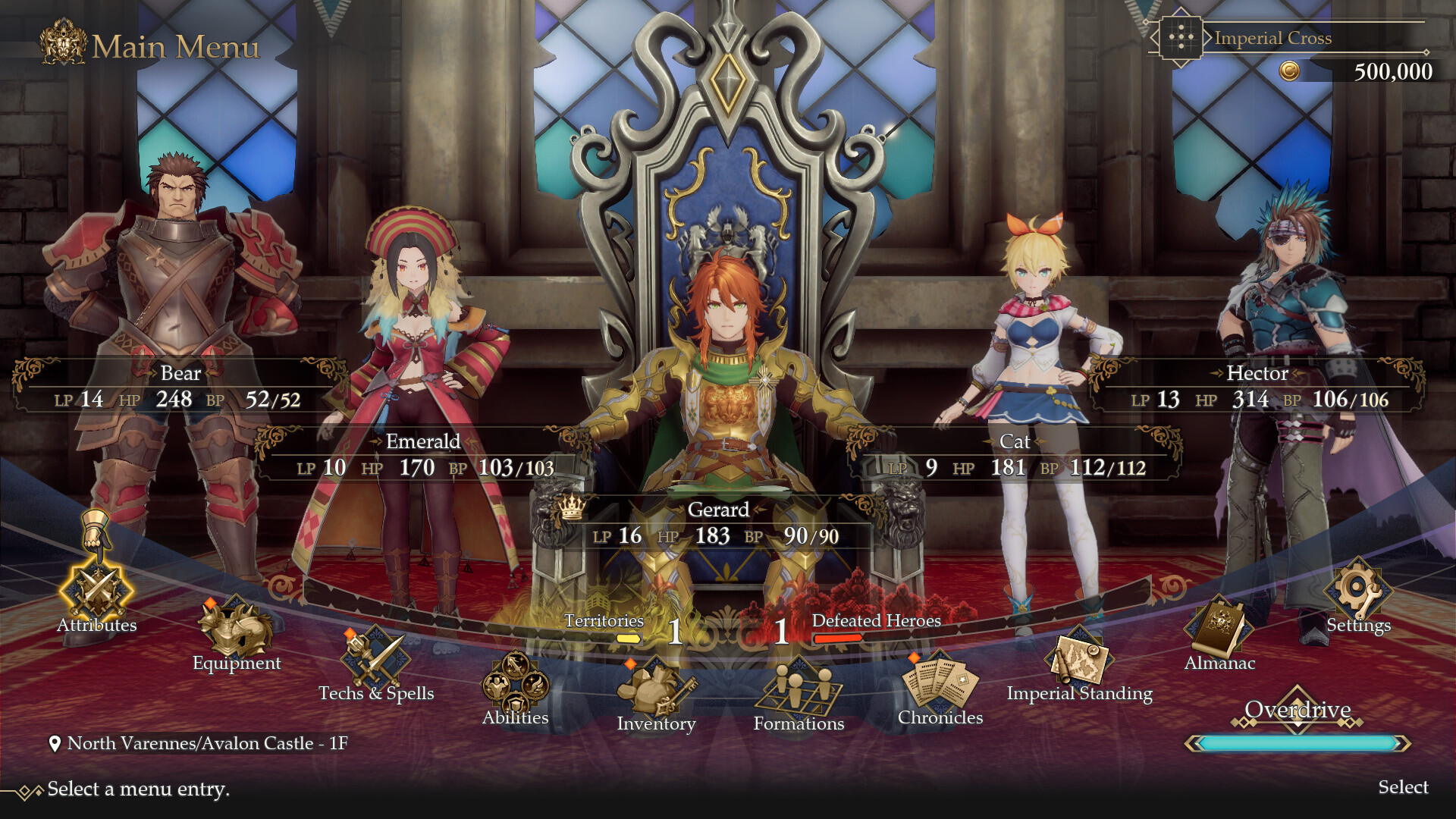 The party menu shows the emperor and companions with their equipment and abilities.