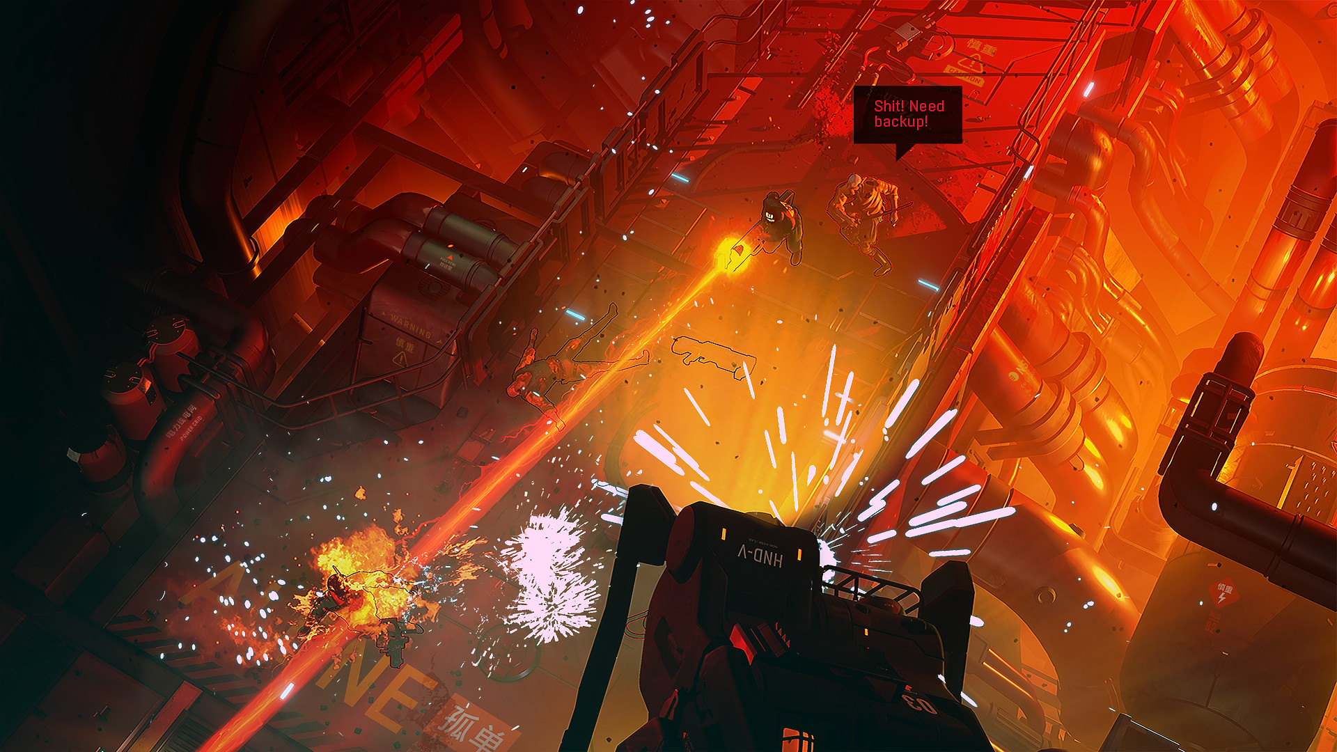 An orange-lit industrial firefight erupts around an explosive blast.
