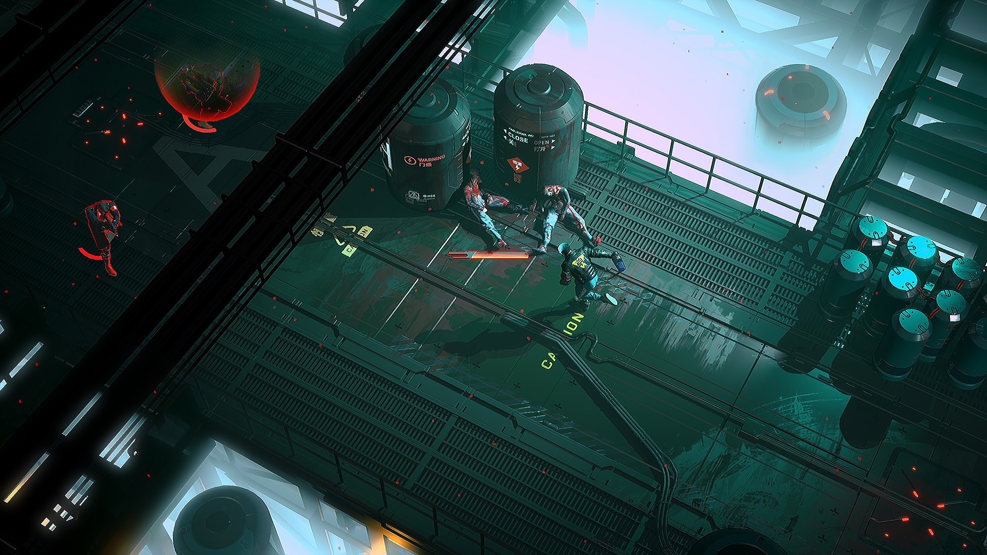 The protagonist fights enemies on a raised platform above a city street.