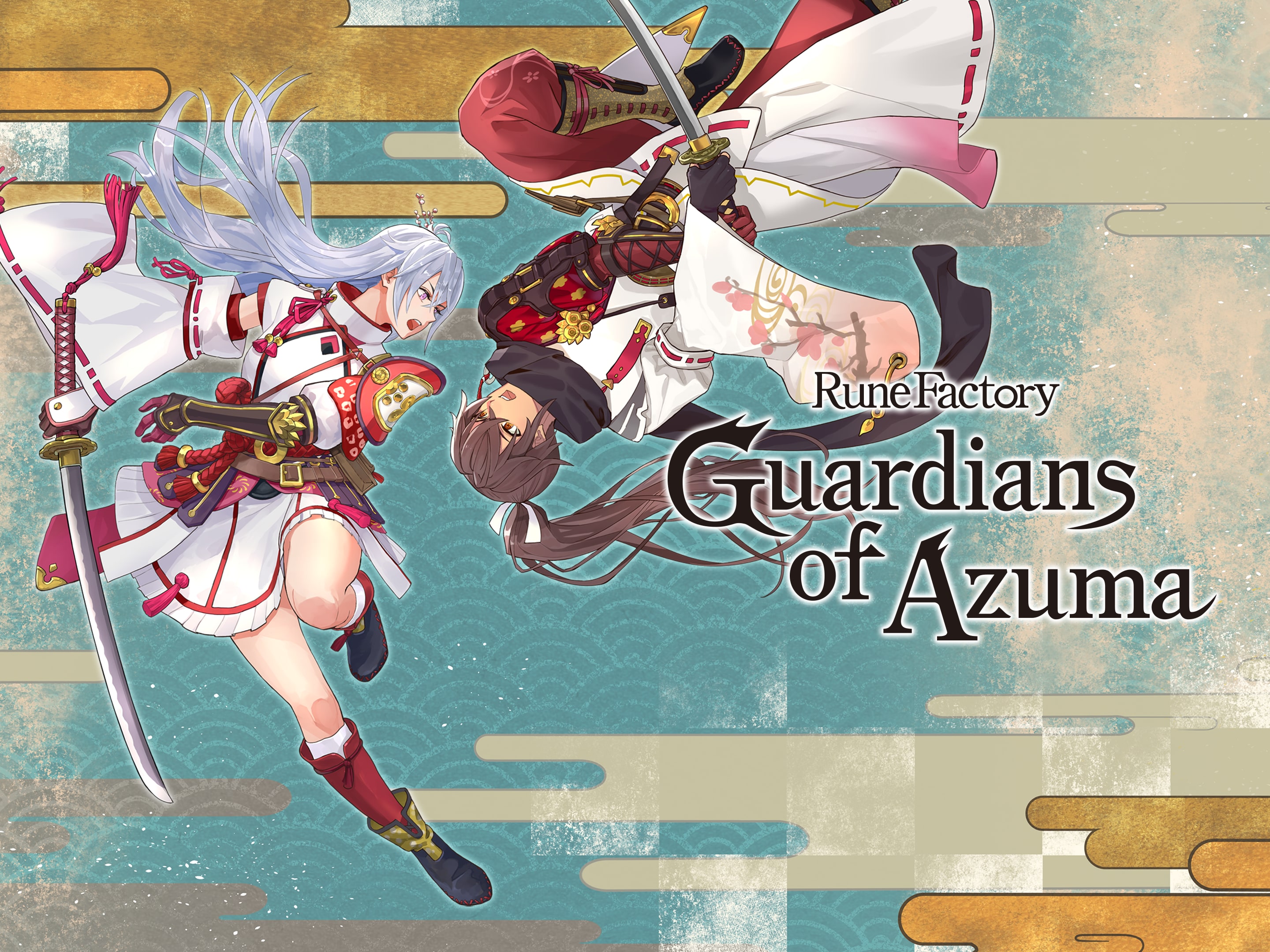 The two protagonists of Rune Factory: Guardians of Azuma against patterned promotional art.