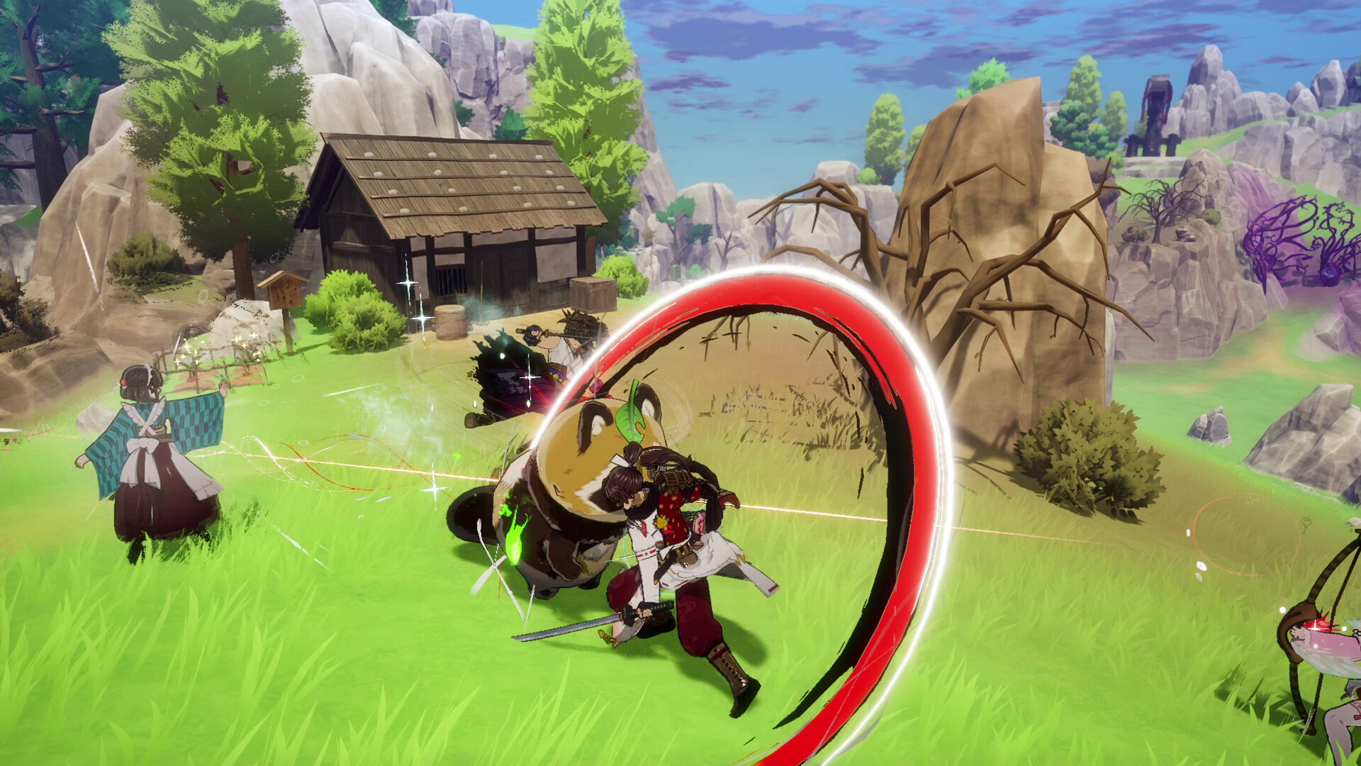 A sword attack strikes enemies beside a rural path.