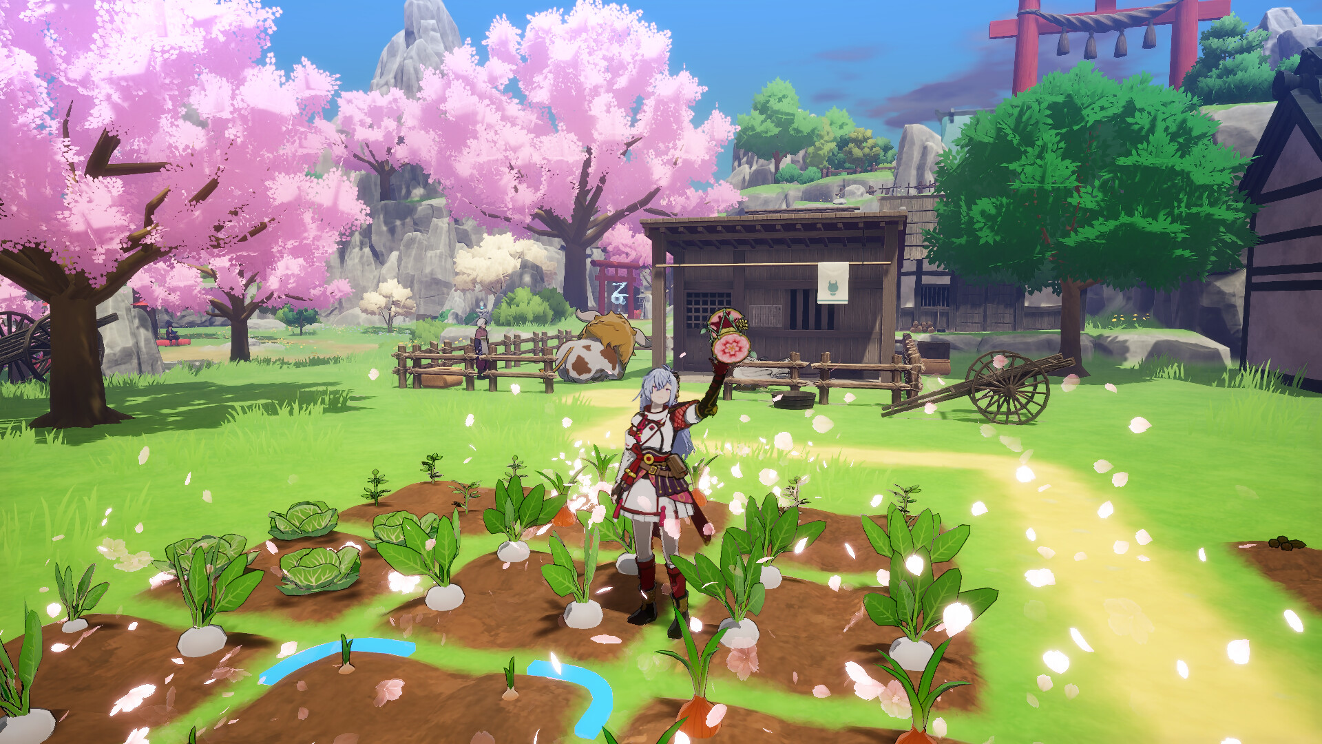 Crops grow beneath cherry blossoms in a reconstructed village.