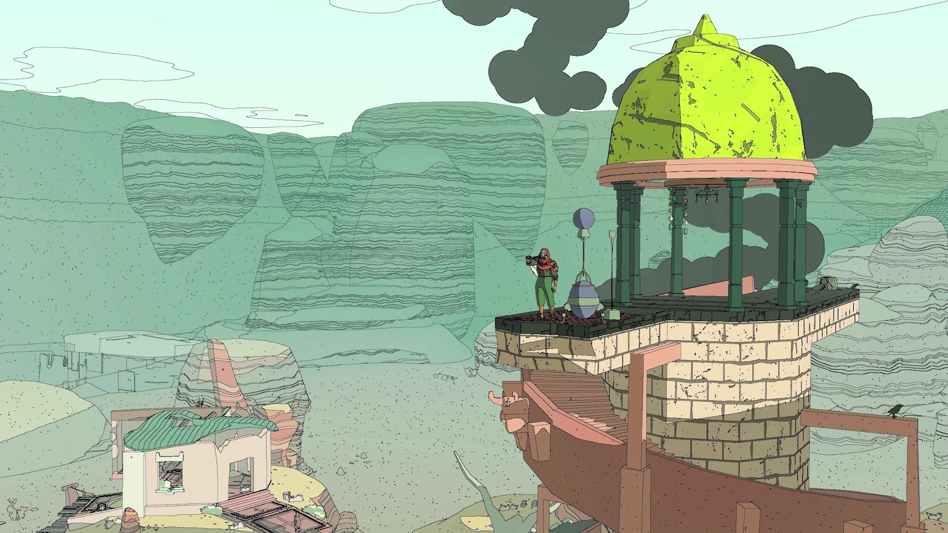 Sable stands on a weathered tower above a desert settlement.
