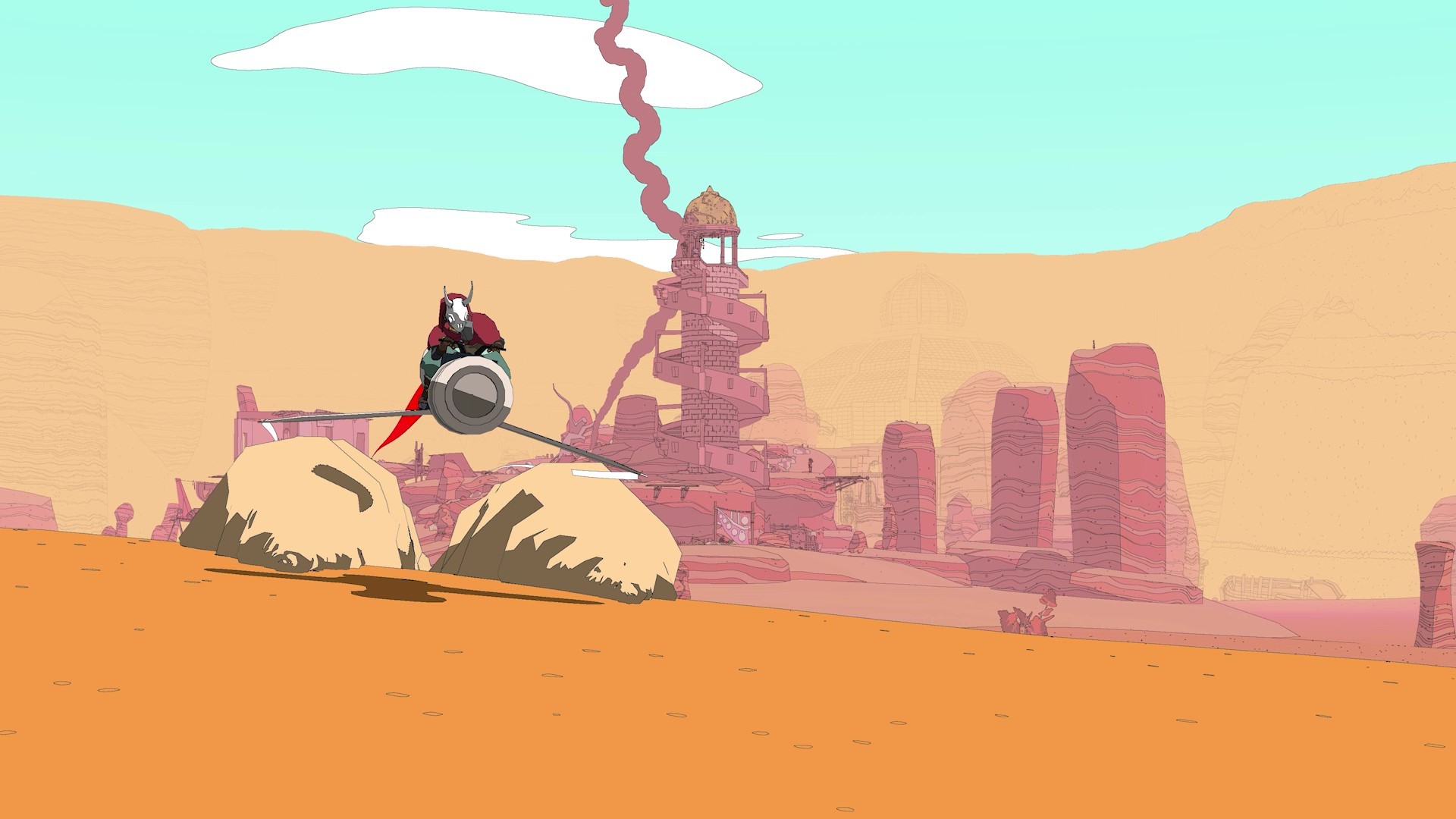 Sable rides her hoverbike across orange dunes toward distant ruins.