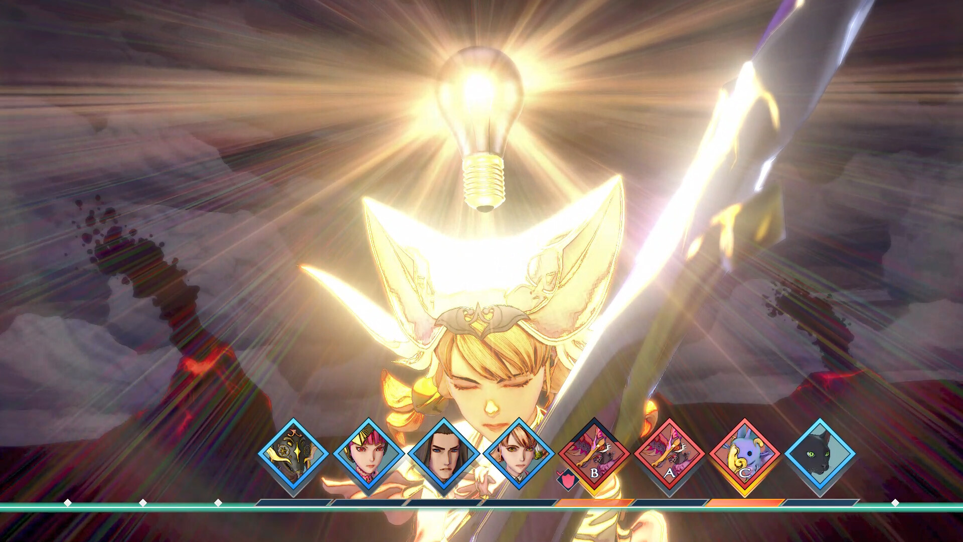 A character stands amid a bright effect during battle.