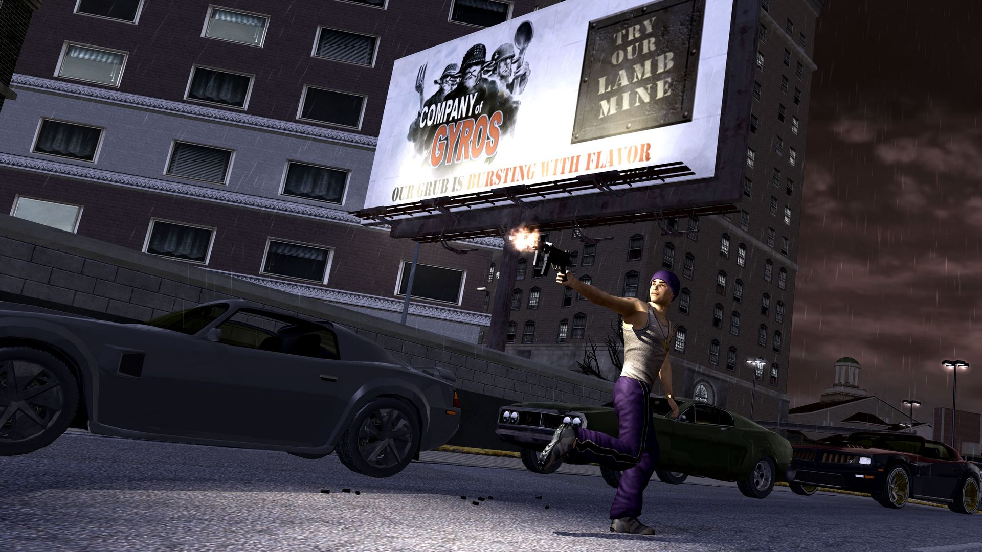 A Saint fires on a city street beneath a billboard.