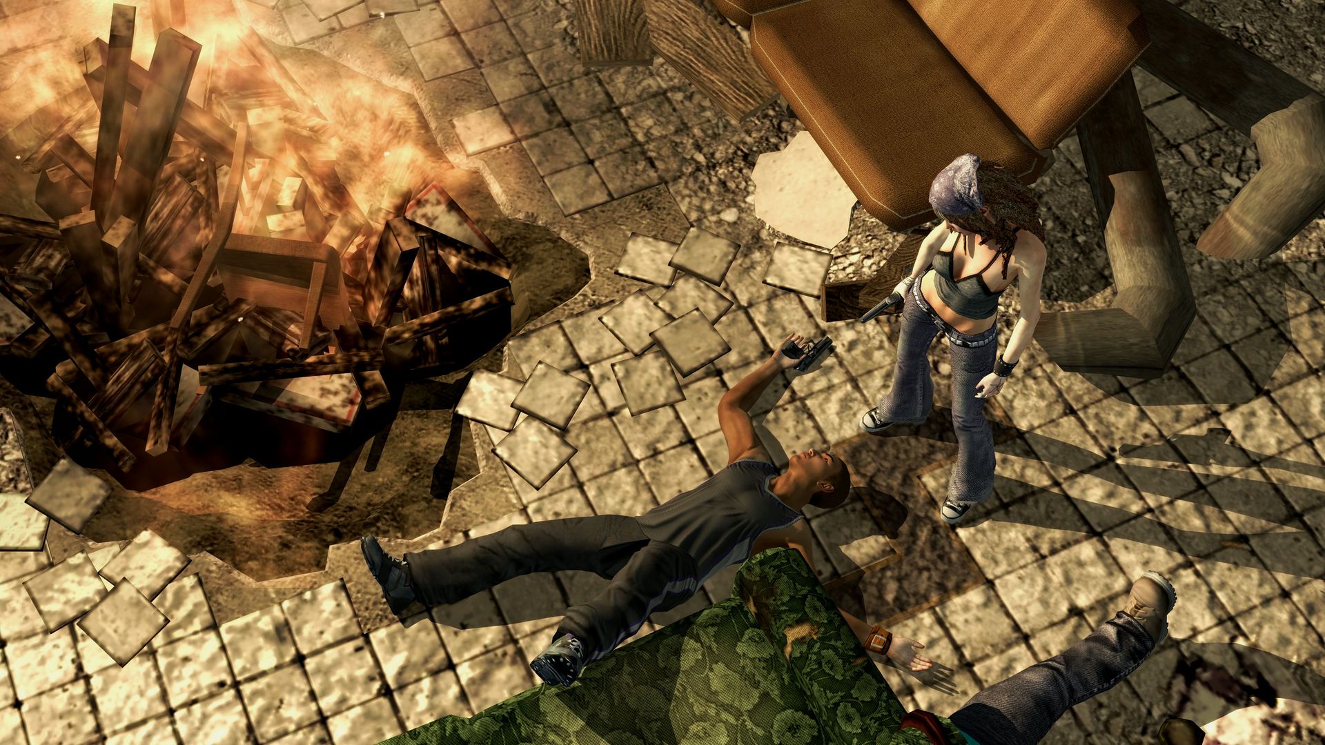 A woman stands near an injured man amid wreckage.