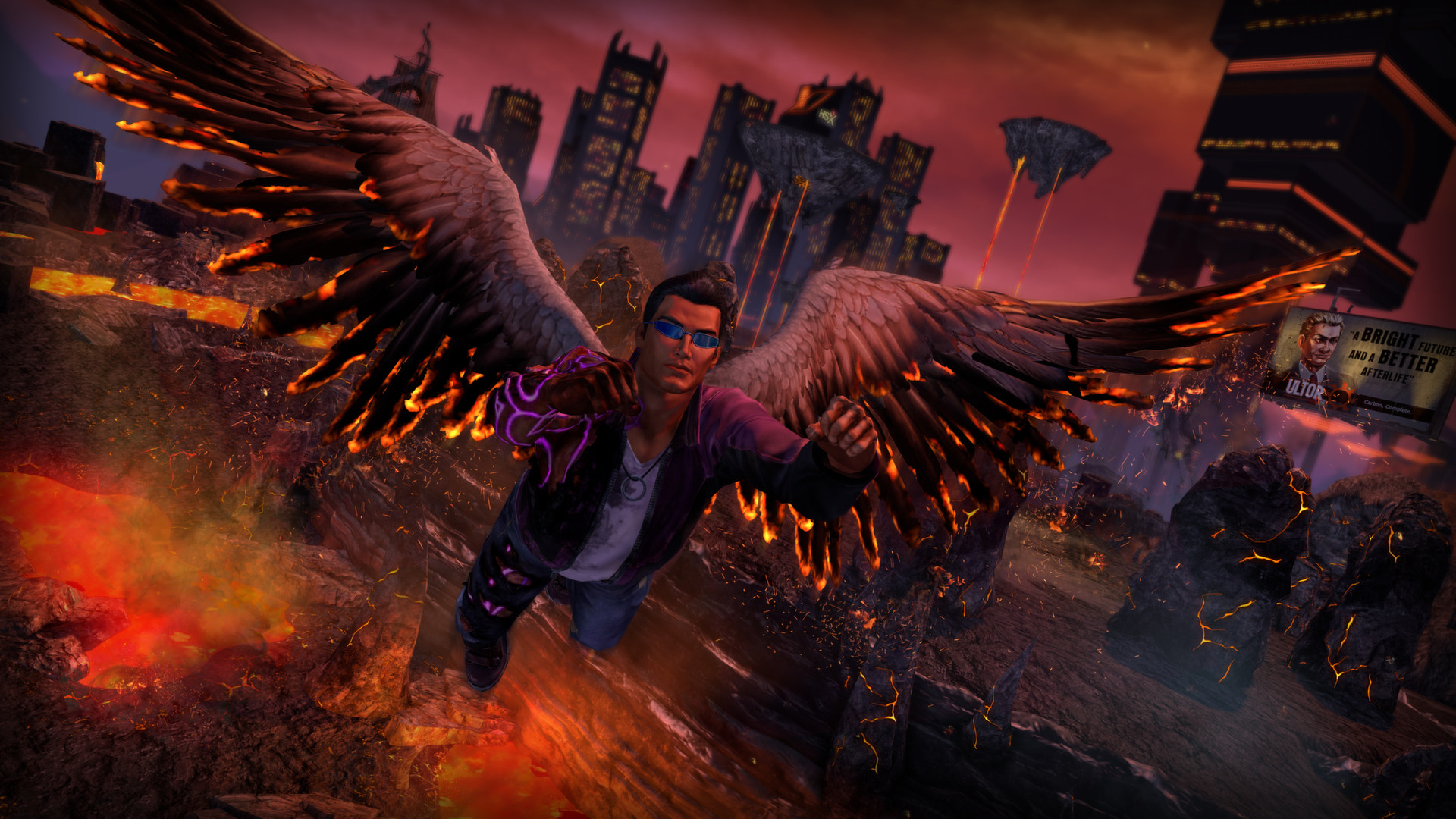 A winged character flies above the burning city of Hell.