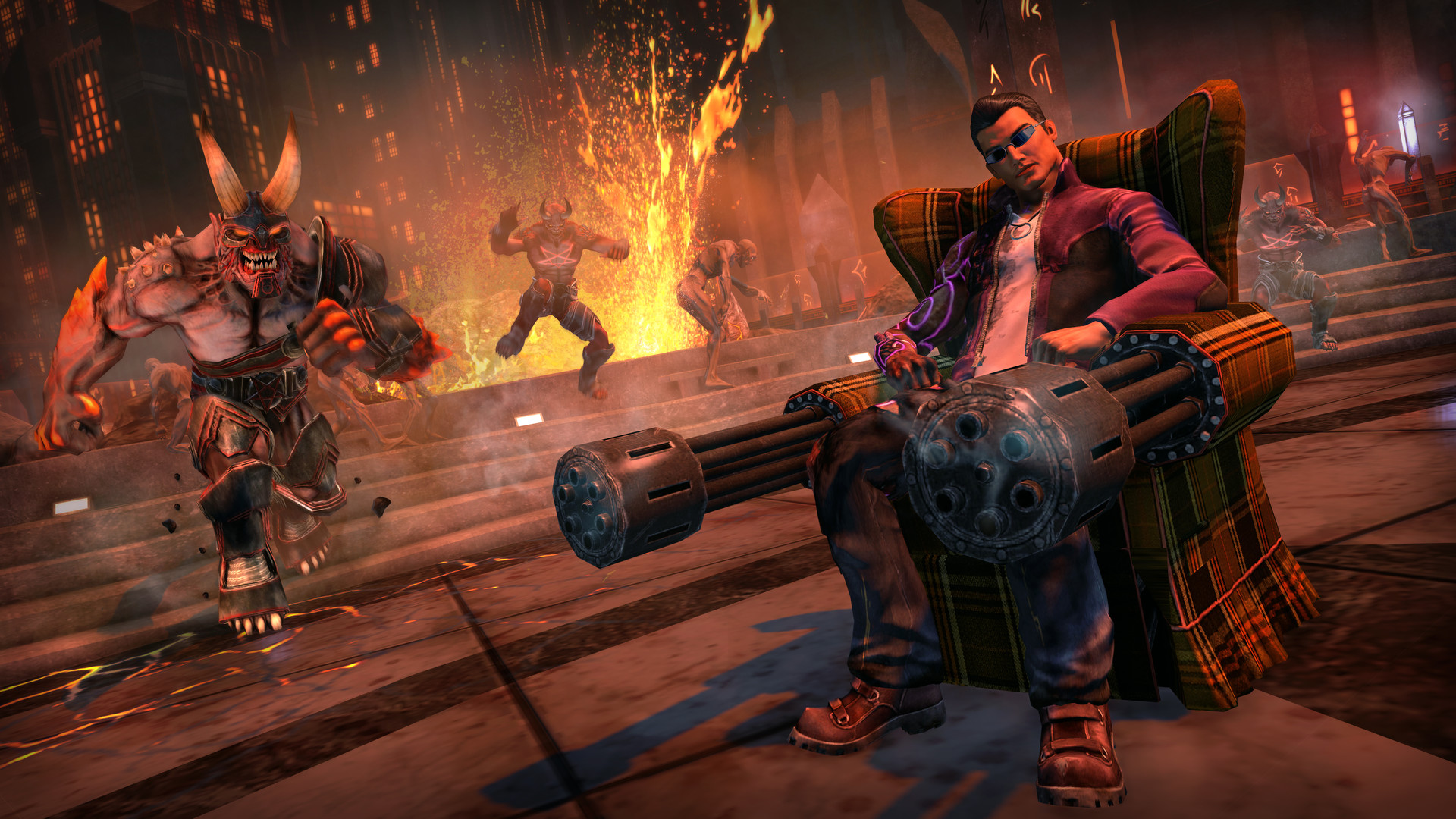 A character sits with a heavy weapon while demons advance.
