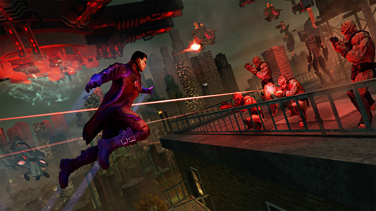 A Saint leaps toward alien troops above a city street.