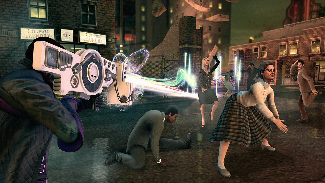 A bright energy weapon fires toward a group of civilians.