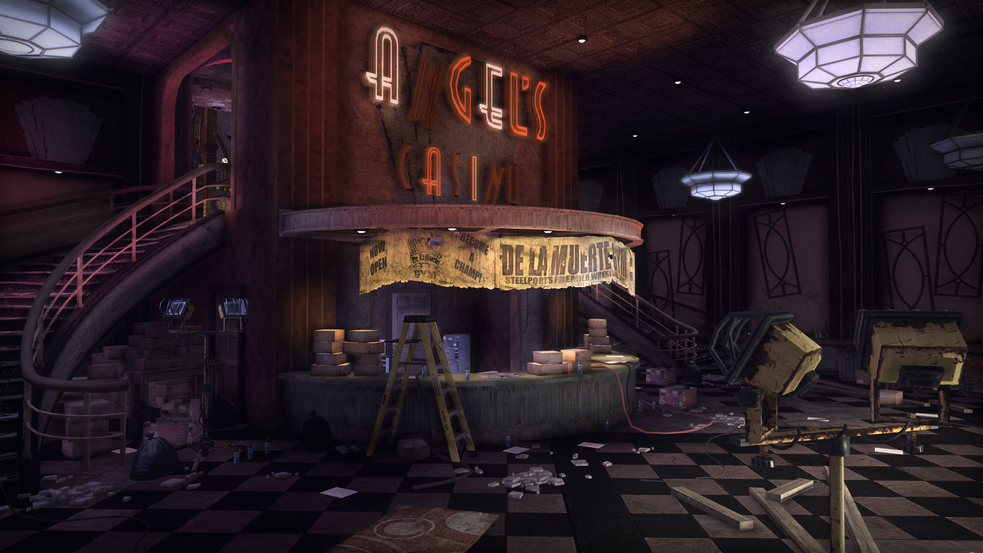 A damaged city venue stands empty after a confrontation.