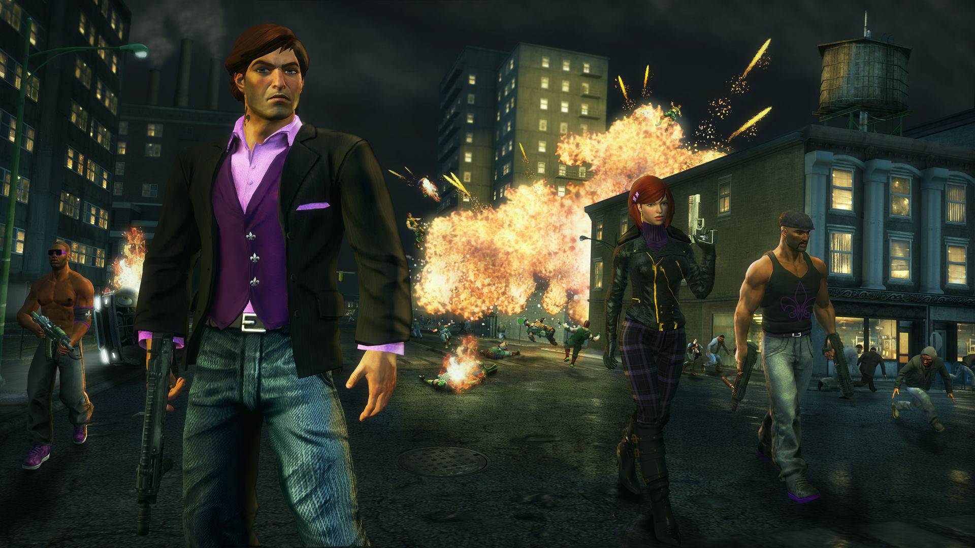 The Saints walk through a street as an explosion lights the background.