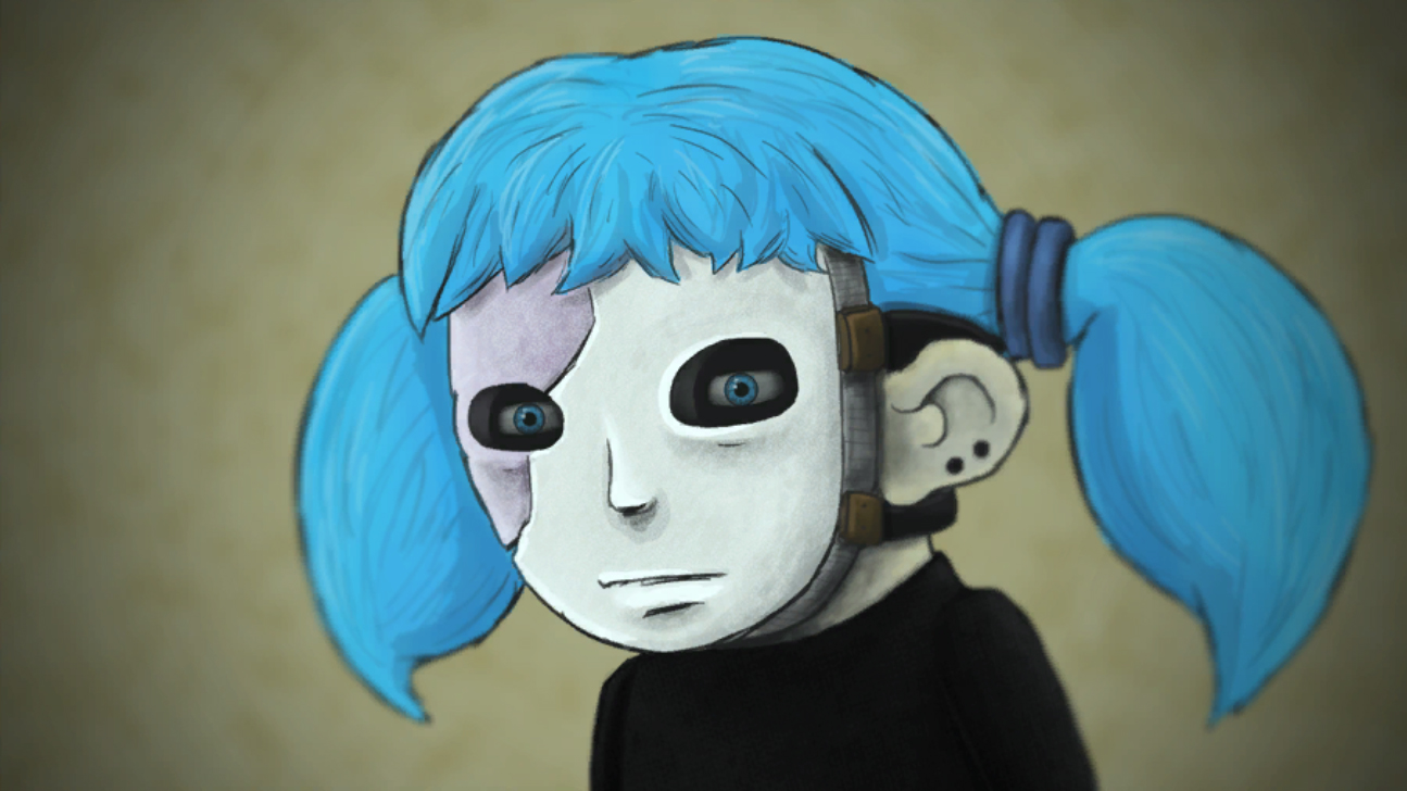 Sal Fisher appears in close-up, with blue pigtails and his white facial prosthesis.